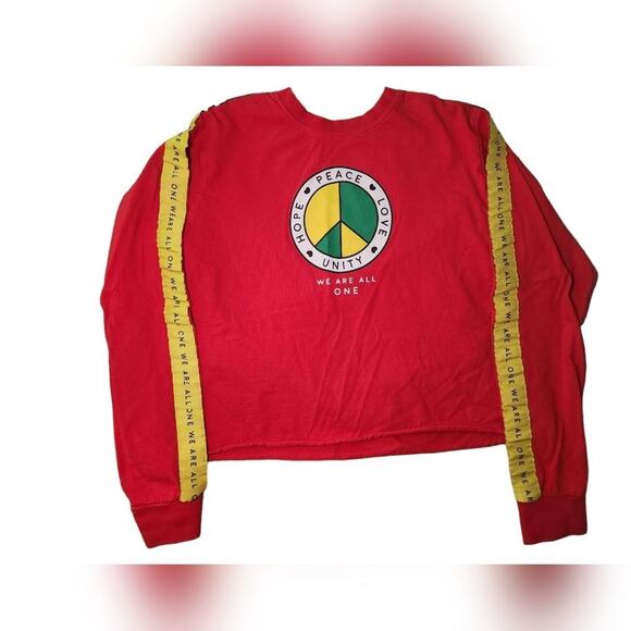 Mighty Fine Red Peace Love Unity Graphic Print‎ Cropped Sweatshirt - Picture 1 of 8